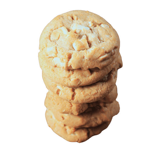 Keto White Chocolate Macadamia Nut Cookies stacked 6