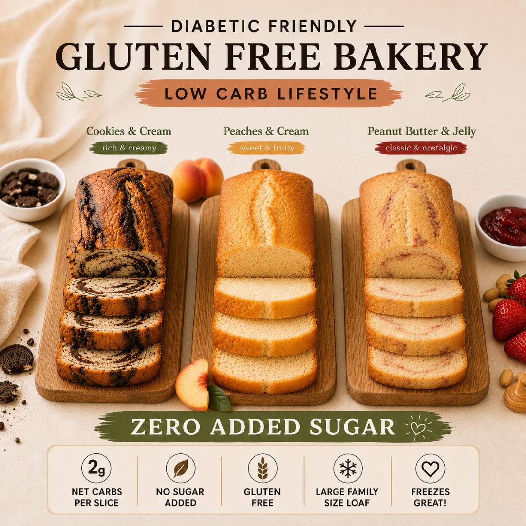 Three types of gluten-free bread with ingredients and bakery branding on a light background