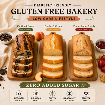 Three types of gluten-free bread with ingredients and bakery branding on a light background