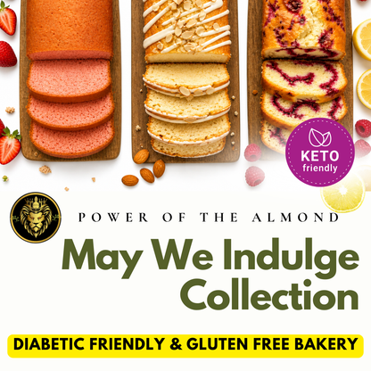 Bakery items including sliced bread and pastries with 'Power of the Almond' branding and 'Keto friendly' label.