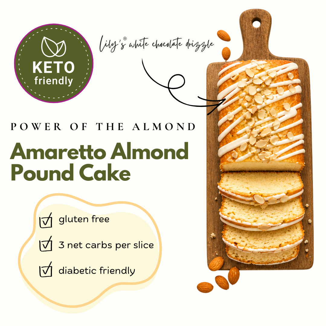 Amaretto Almond Pound Cake on a wooden board with almond drizzle, surrounded by almonds, on a white background.