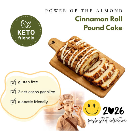 cinnamon roll pound cake sliced on cutting board with goat giving chefs kiss