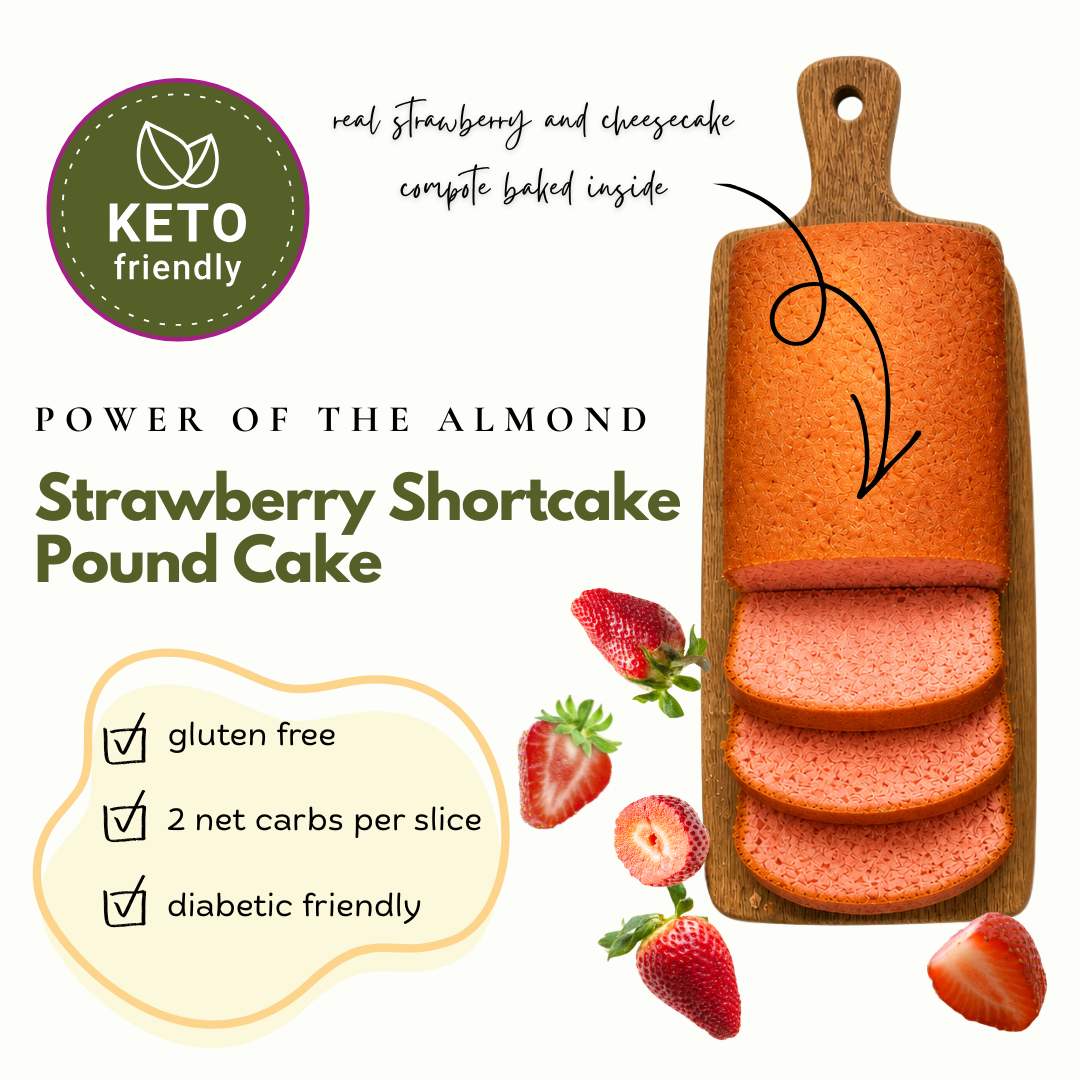 Strawberry shortcake pound cake slices on a wooden cutting board with strawberry slices and text highlighting its features.