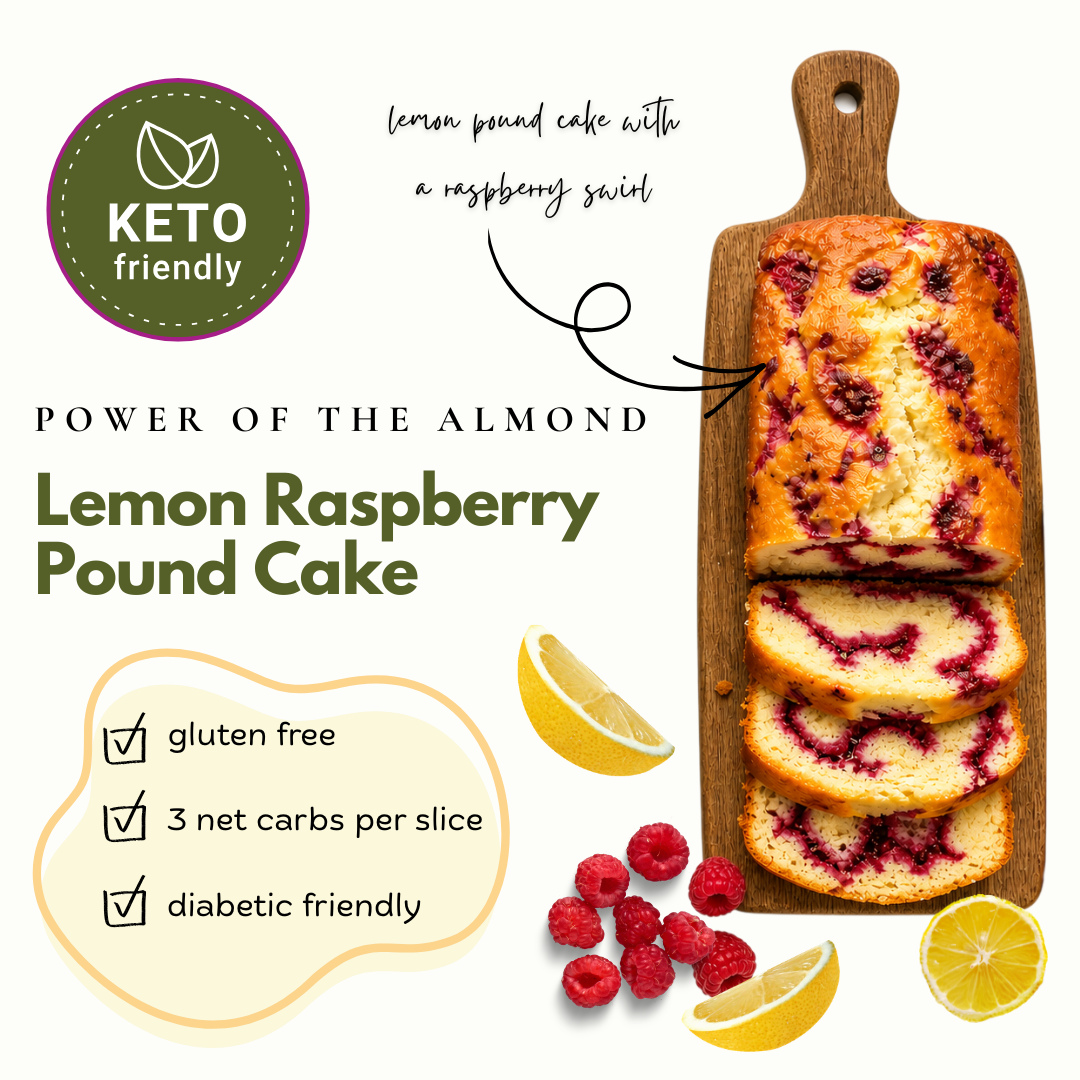 Lemon raspberry pound cake on a wooden cutting board with lemon, raspberries, and text highlighting its features.