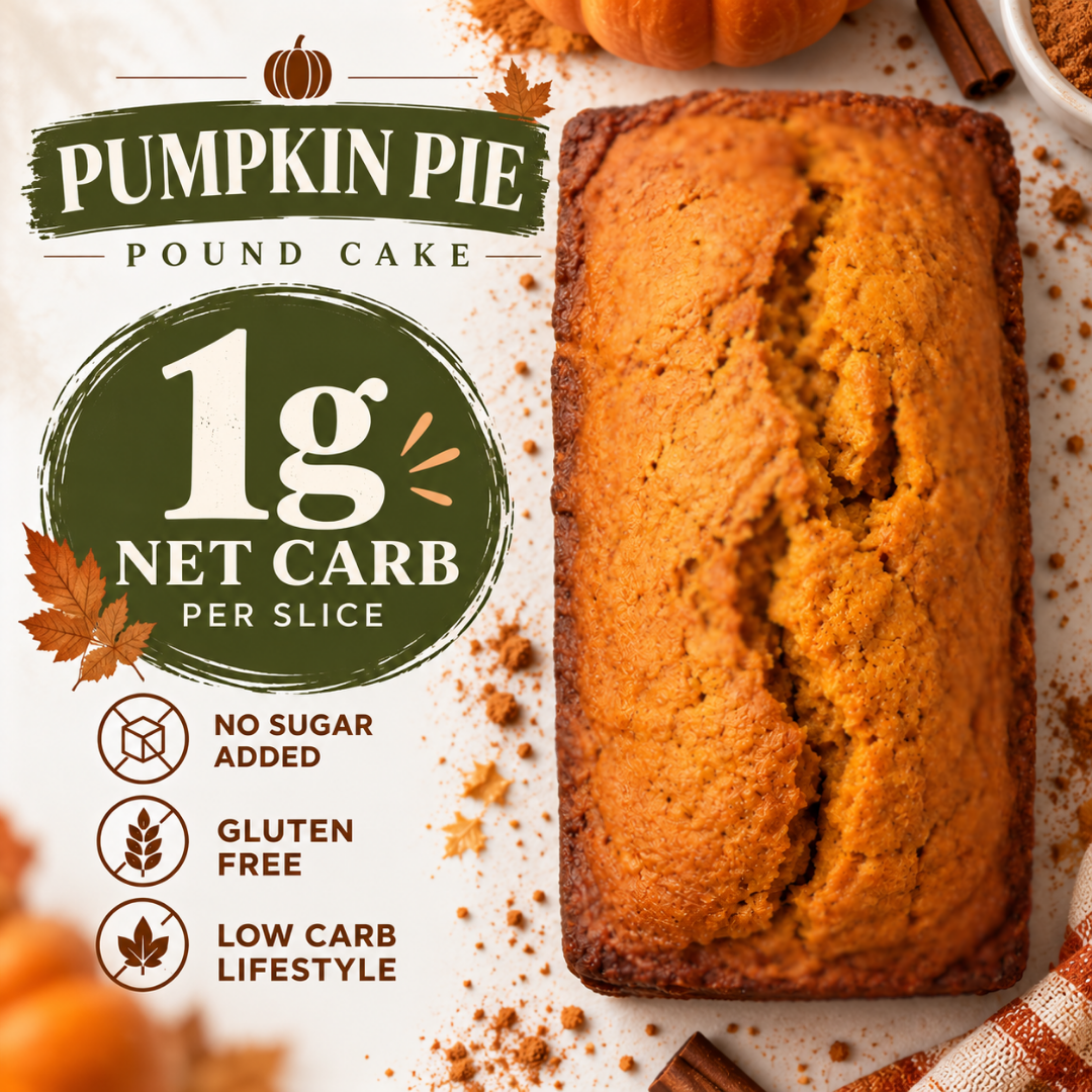 A loaf of pumpkin pie pound cake is shown on a white surface with autumn-themed props. Large text on the left reads 'Pumpkin Pie Pound Cake' and '1g Net Carb Per Slice,' with additional claims including no sugar added, gluten free, and low carb lifestyle.