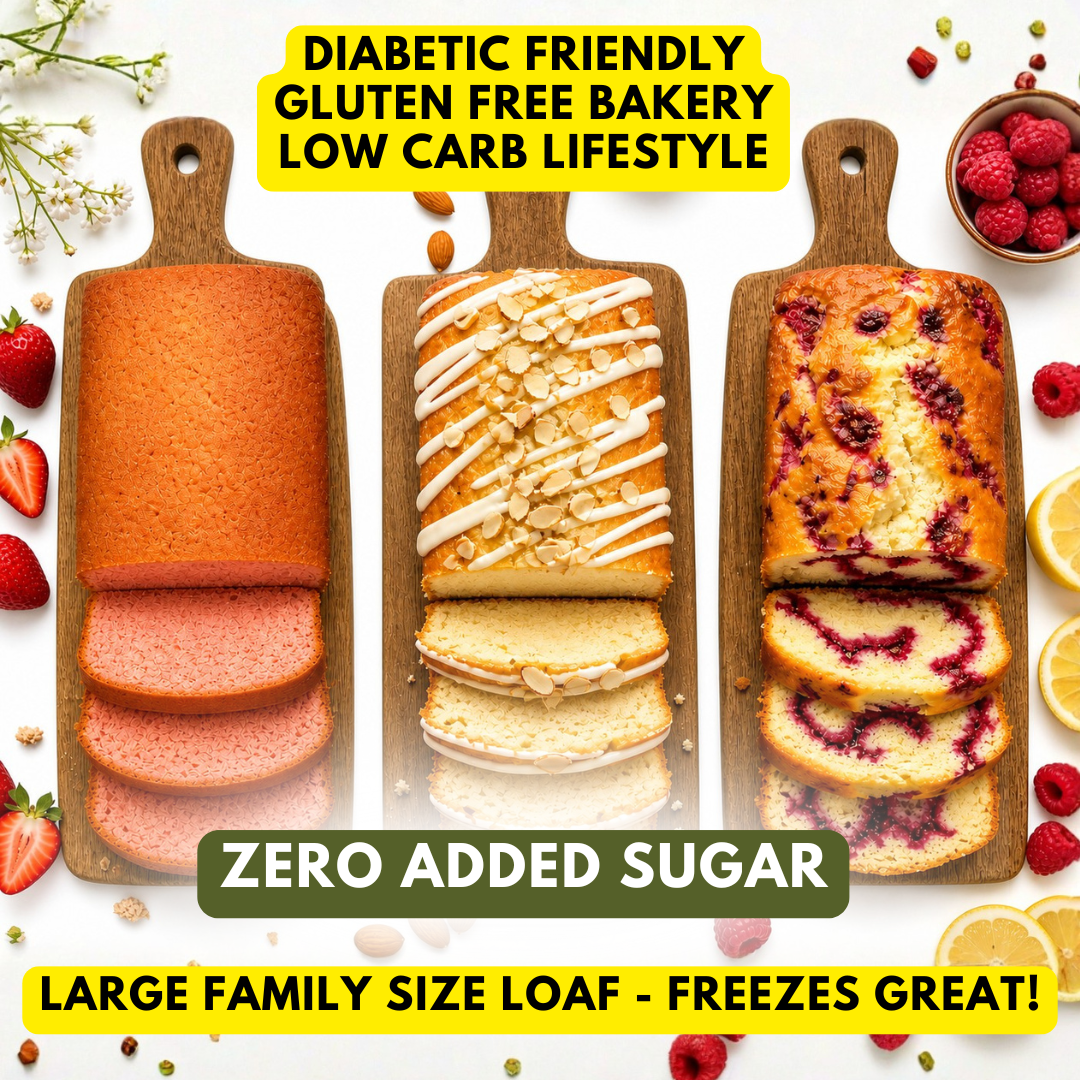 Three sliced bread loaves on wooden boards with text highlighting diabetic-friendly, gluten-free, and low-carb features.