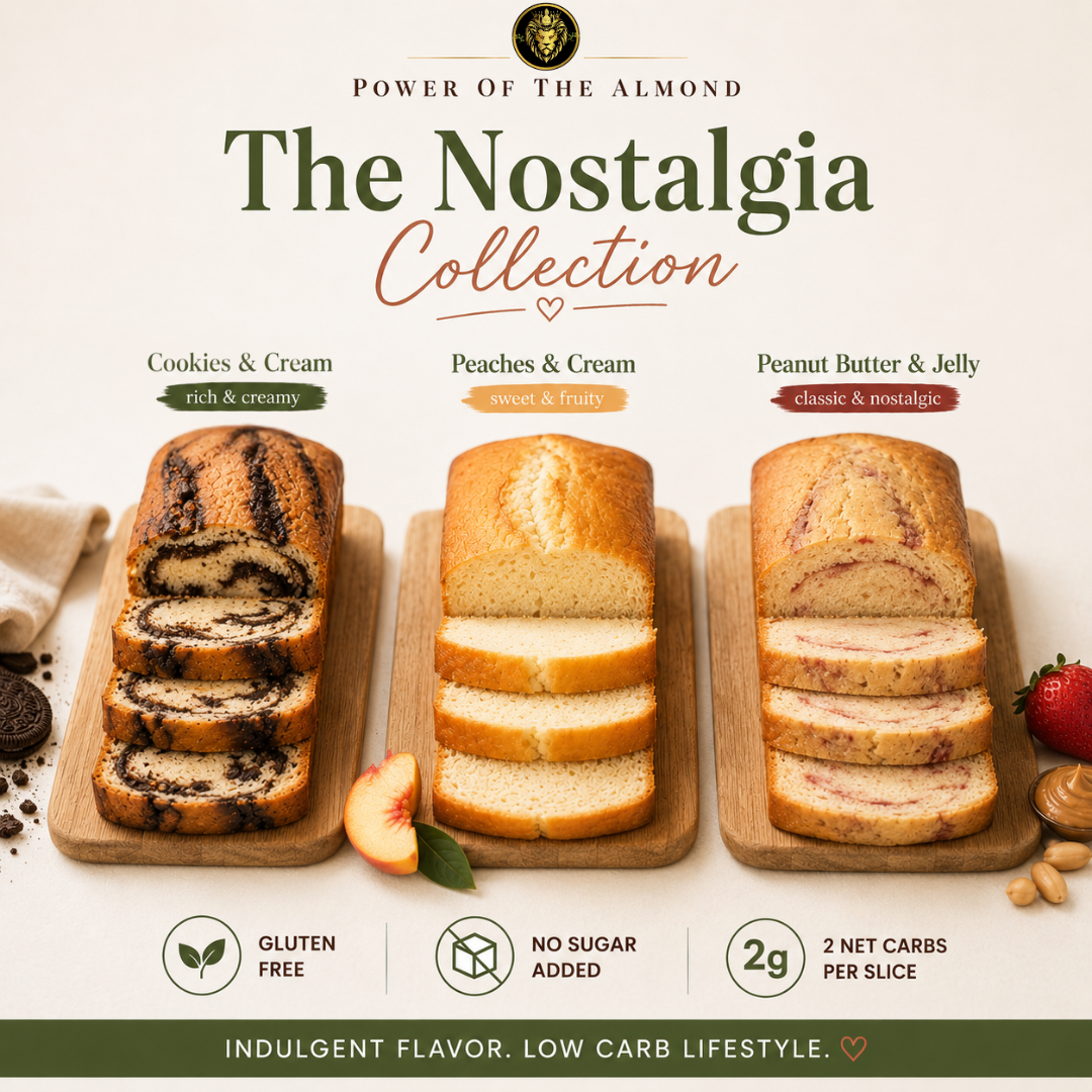 Three types of sliced pound cake with 'The Nostalgia Collection' branding on a light background.