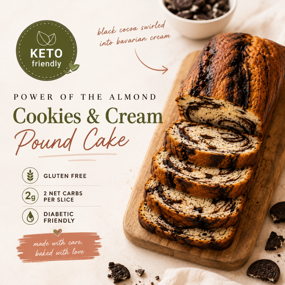 Sliced almond cookies & cream pound cake on a wooden board with text highlighting its properties.