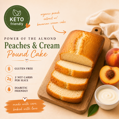 Sliced almond peaches & cream pound cake on a wooden board with peaches and cream on the side, labeled as keto friendly.