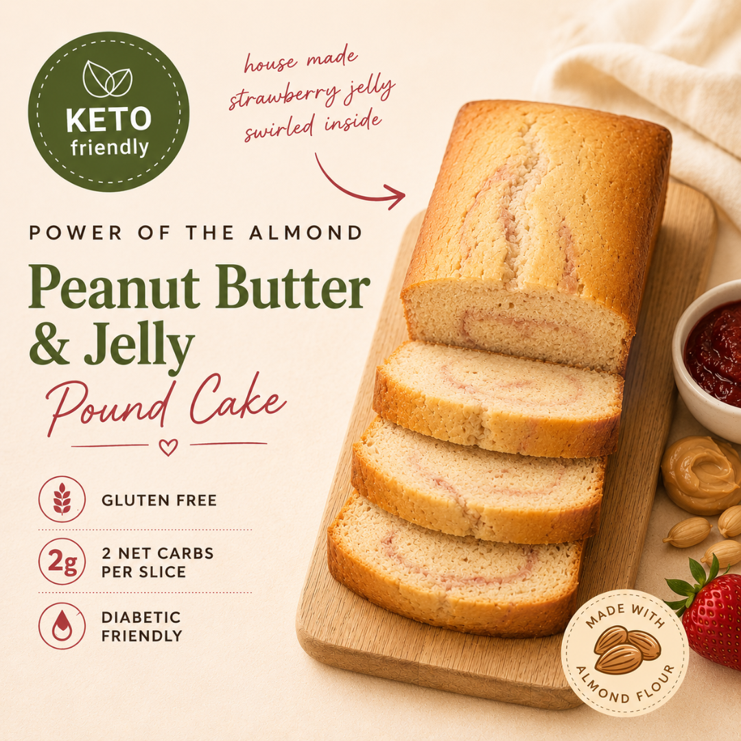 Peanut Butter & Jelly Pound Cake on a wooden board with strawberry jelly, almond flour logo, and nutritional information.