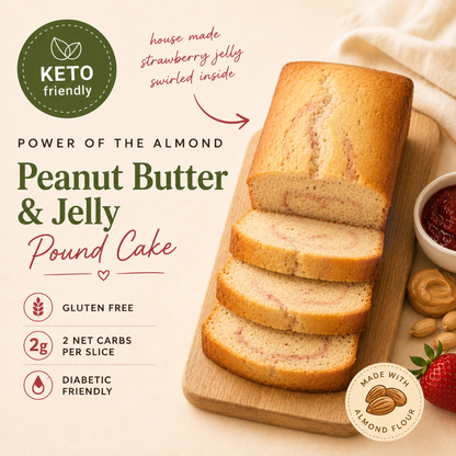 Peanut Butter & Jelly Pound Cake on a wooden board with strawberry jelly, almond flour logo, and nutritional information.