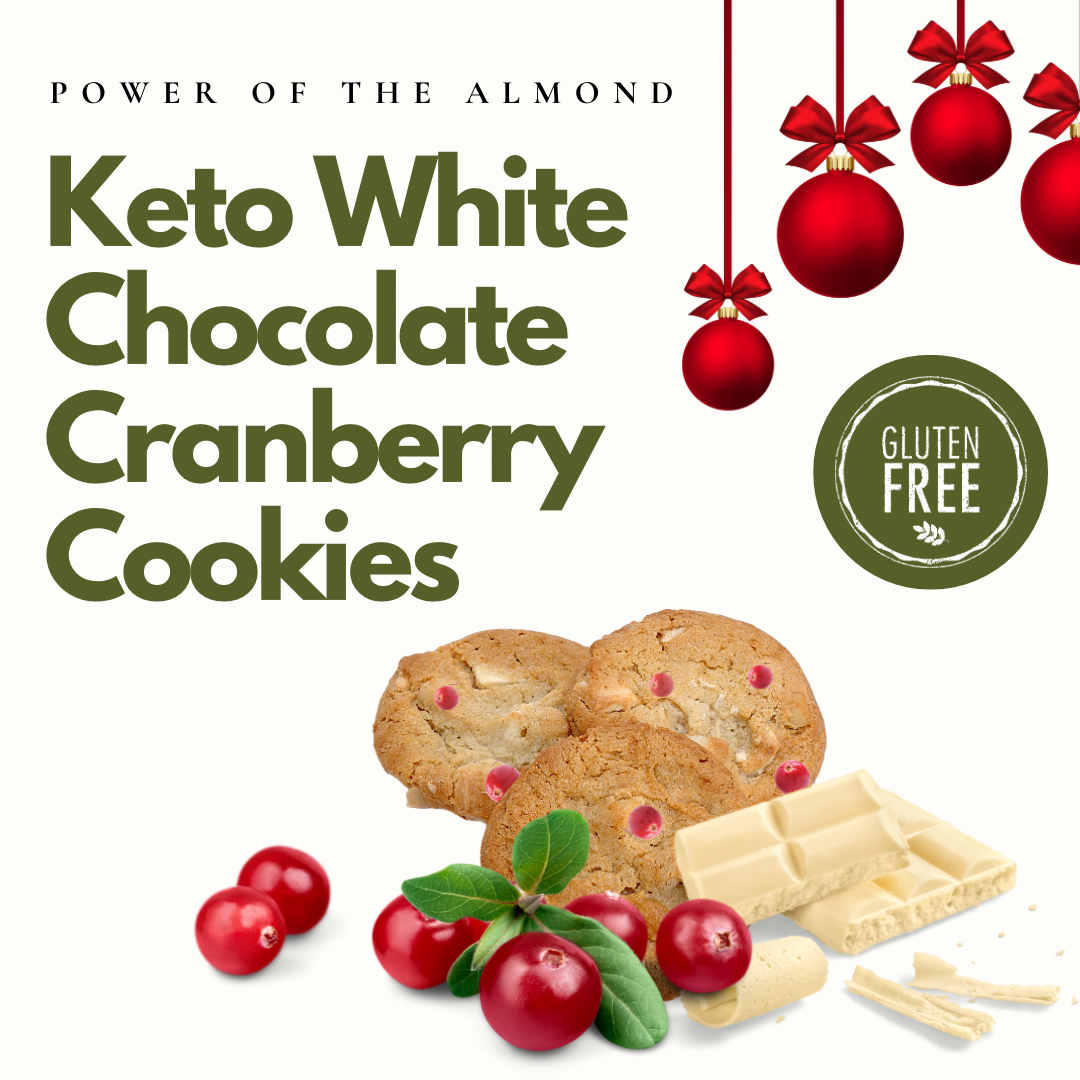 Keto White Chocolate Cranberry Cookies on table with festive cranberries