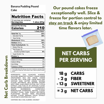 Nutrition label for keto banana pudding pound cake with text about portion control and flavor availability.