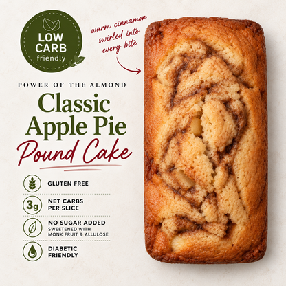 A loaf of classic apple pie pound cake with cinnamon swirls, shown on a light neutral background with promotional text highlighting its low carb, gluten free, and diabetic friendly qualities.