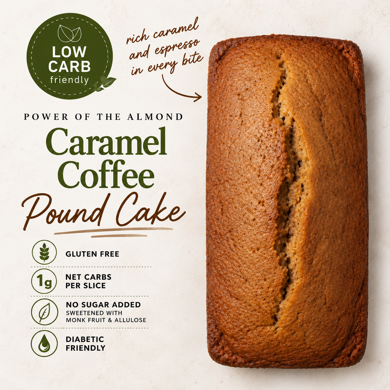A loaf of caramel coffee pound cake shown on a light beige background with promotional text. The cake is golden brown with a dark brown center crack.