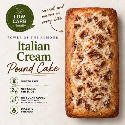 Italian Cream Pound Cake with pecans and shredded coconut on top, shown on a light beige background with promotional text highlighting low carb friendly, gluten free, and diabetic friendly qualities.