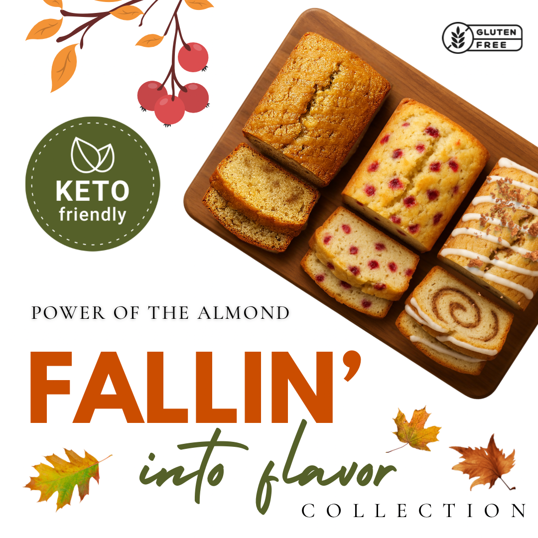 Keto loaves from fall collection on cutting board with decorative leaves falling