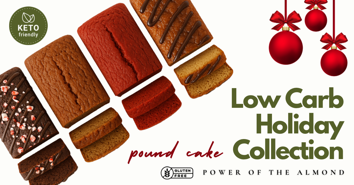 4 seasonal keto pound cake loaves laid out on table with decorative bells hanging