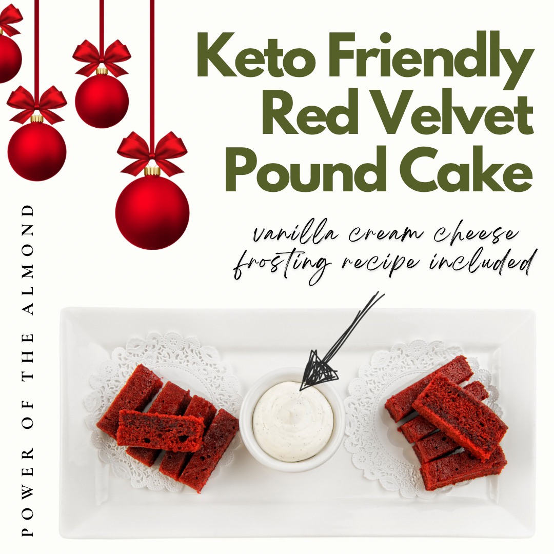 Keto Red Velvet Loaf sliced with sugar free cream cheese frosting on table