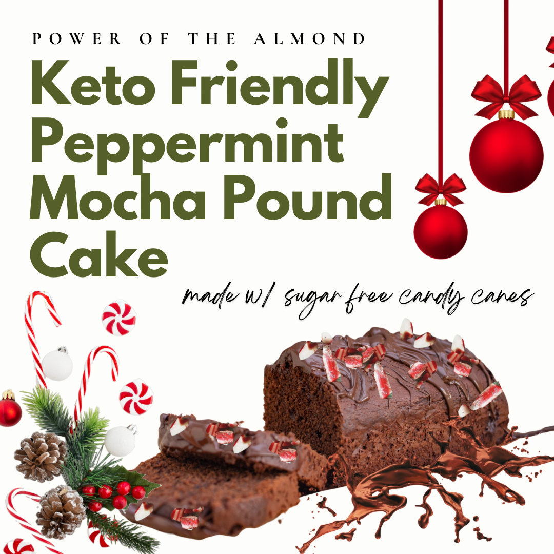 Keto Peppermint Mocha Loaf on table with crushed sugar free peppermints