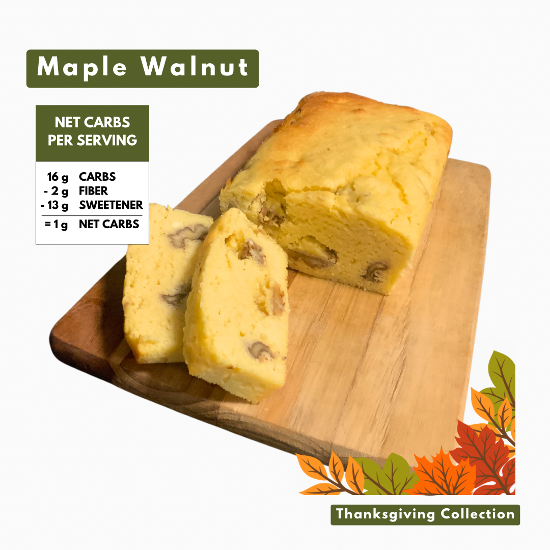 Maple Walnut flavored pound cake on cutting board with 1 net carbs.