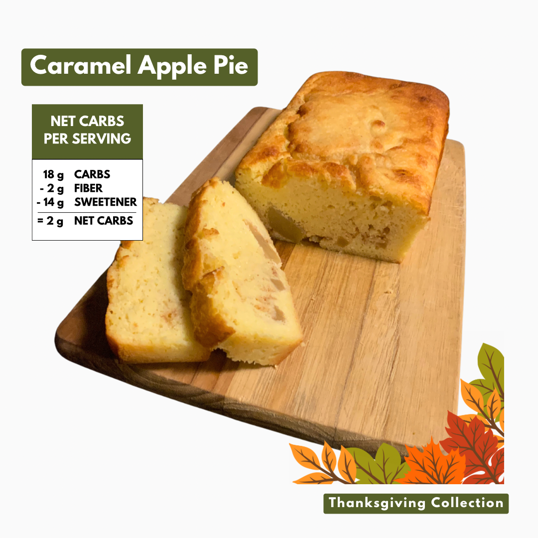 Caramel Apple Pie flavored pound cake on cutting board with 2 net carbs.