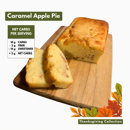 Caramel Apple Pie flavored pound cake on cutting board with 2 net carbs.