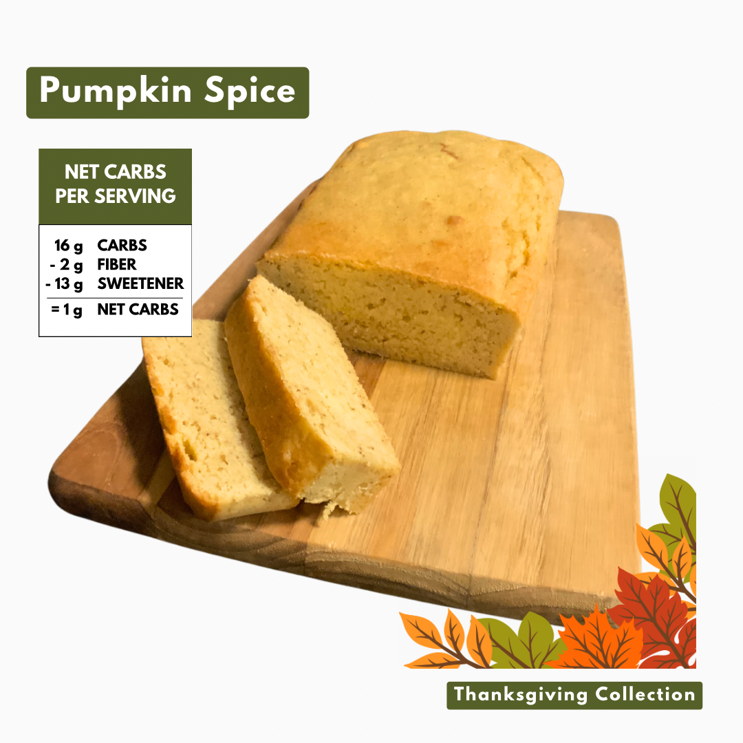 Pumpkin flavored pound cake on cutting board with 1 net carbs.