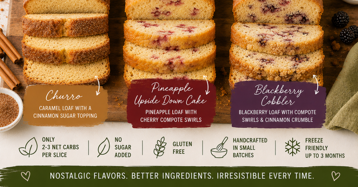 Three types of sliced artisanal loaves of keto pound cake are displayed on a wooden surface, labeled as Churro, Pineapple Upside Down Cake, and Blackberry Cobbler. The image includes flavor callout labels, ingredient icons, and promotional text at the bottom.