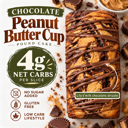 Chocolate Peanut Butter Cup pound cake slice with milk chocolate drizzle, shown on a branded low-carb food marketing graphic with text about 4g net carbs per slice and ingredients like peanut butter cups.