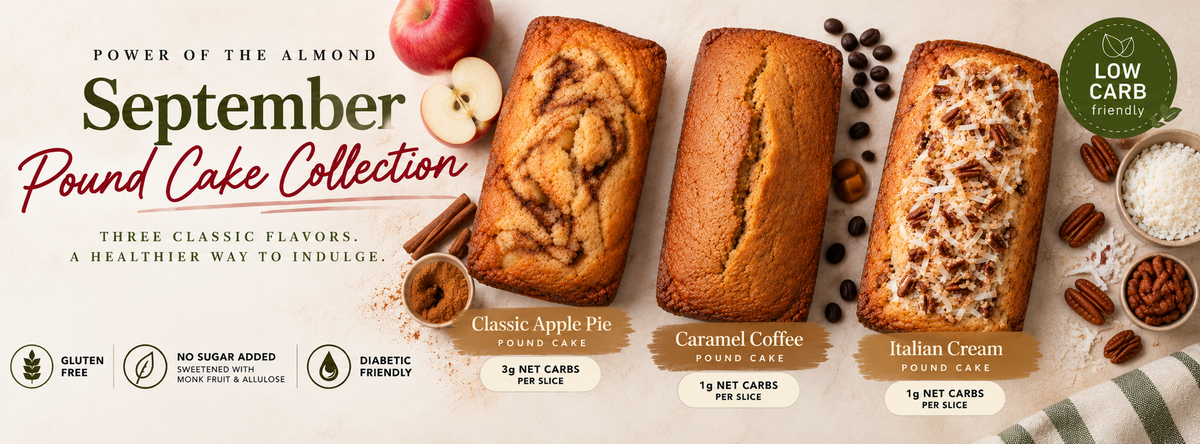 Promotional banner for the September Pound Cake Collection, featuring three different flavored loaves of almond cake: Classic Apple Pie, Caramel Coffee, and Italian Cream. The image includes illustrations of ingredients like apples, cinnamon, and pecans, along with dietary badges indicating gluten free, no sugar added, and low carb.