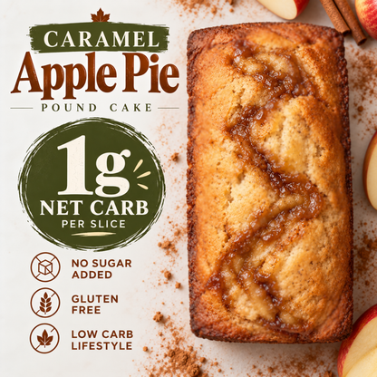 A loaf of caramel apple pie pound cake is shown on a light surface with sliced apples and cinnamon around it. Large text on the left reads 'Caramel Apple Pie Pound Cake' and highlights '1g net carb per slice' with claims like no sugar added, gluten free, and low carb lifestyle.