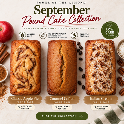 Promotional graphic for the September Pound Cake Collection showing three almond flour pound cakes: Classic Apple Pie, Caramel Coffee, and Italian Cream. The cakes are styled on a light beige background with an apple, cinnamon sticks, and pecans.
