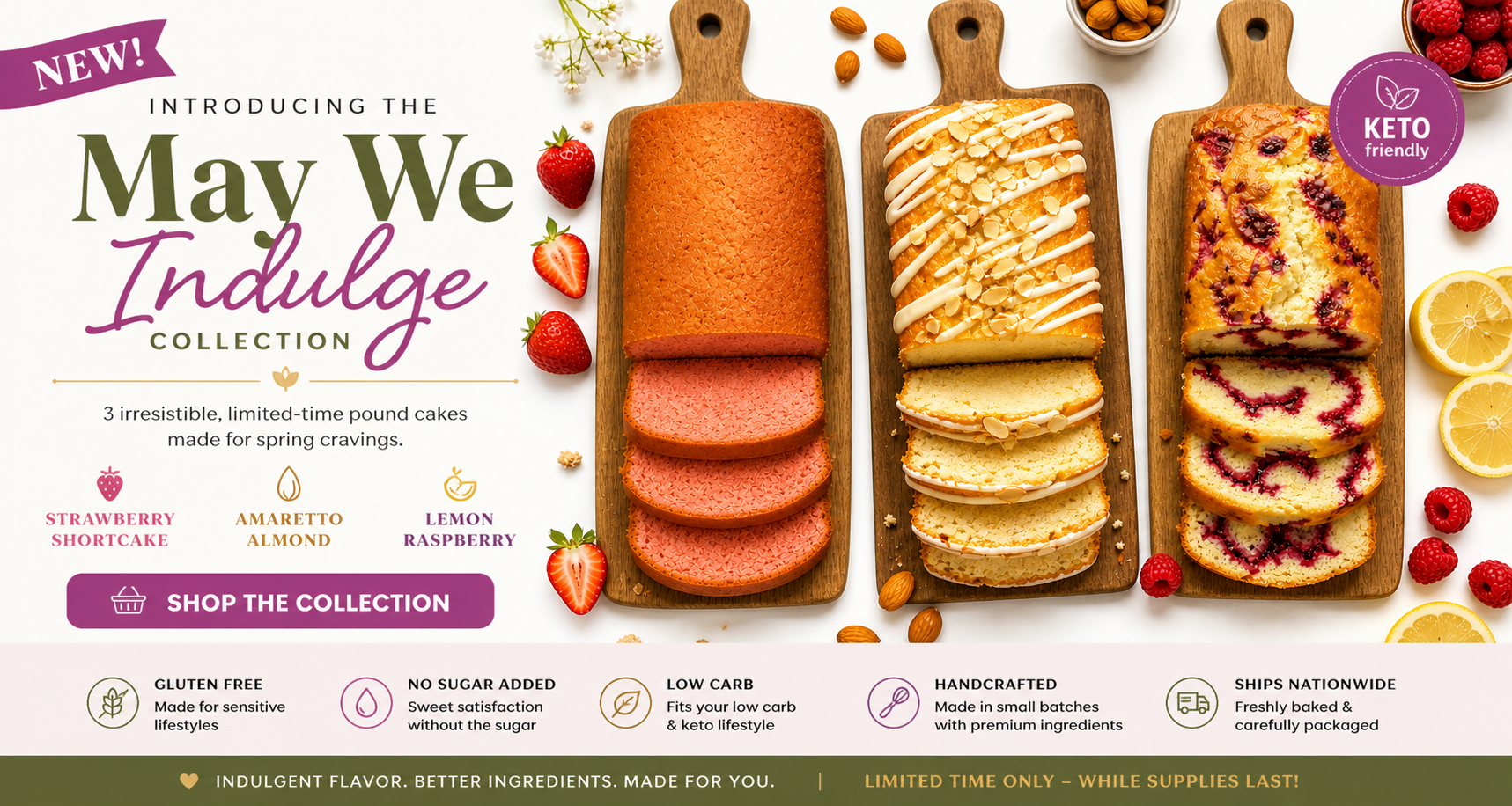 Promotional image of May We Indulge cake collection with sliced cakes on wooden boards.