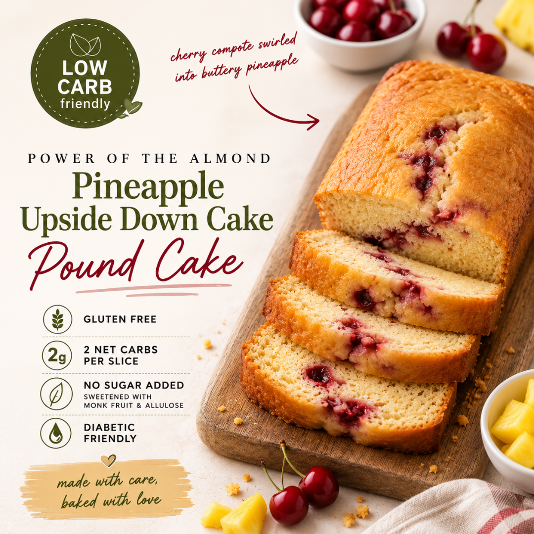 A sliced loaf of pineapple upside down cake with three cut slices displayed on a wooden board, surrounded by cherries, butter, and product text highlighting low carb, gluten free, and diabetic friendly qualities.