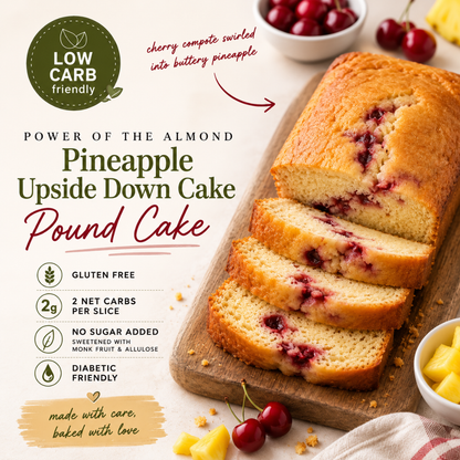 A sliced loaf of pineapple upside down cake with three cut slices displayed on a wooden board, surrounded by cherries, butter, and product text highlighting low carb, gluten free, and diabetic friendly qualities.