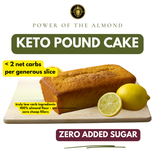 Keto pound cake with lemons on a cutting board, labeled as low-carb and zero-added sugar.