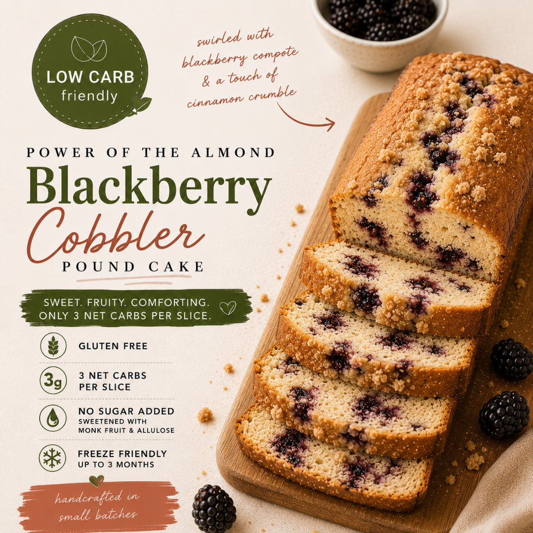 A loaf of blackberry cobbler pound cake with several slices cut, displayed on a wooden board with blackberries and a bowl. The image is heavily styled with text overlays detailing its low carb, gluten free, and sweet berry flavor.