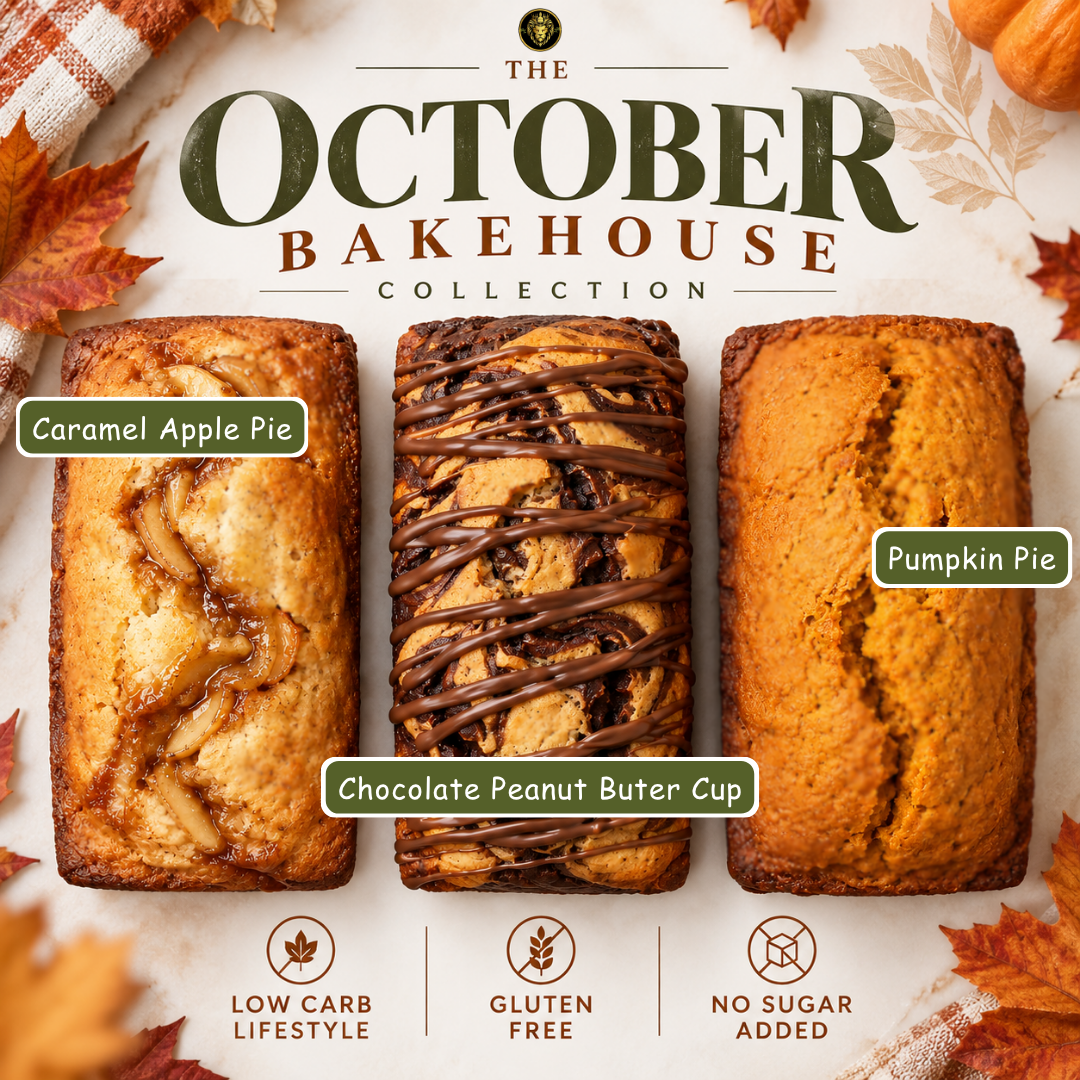 Three baked goods displayed side by side on a light neutral background with autumn leaves and the text 'The October Bakehouse Collection' above them: Caramel Apple Pie, Chocolate Peanut Butter Cup, and Pumpkin Pie. Small icons below mention low carb lifestyle, gluten free, and no sugar added.