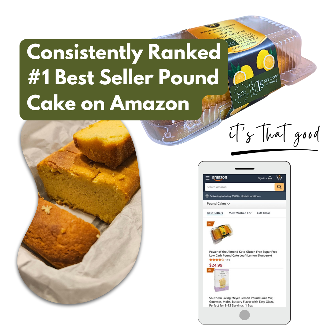 Pound cake with packaging and Amazon product page on a white background