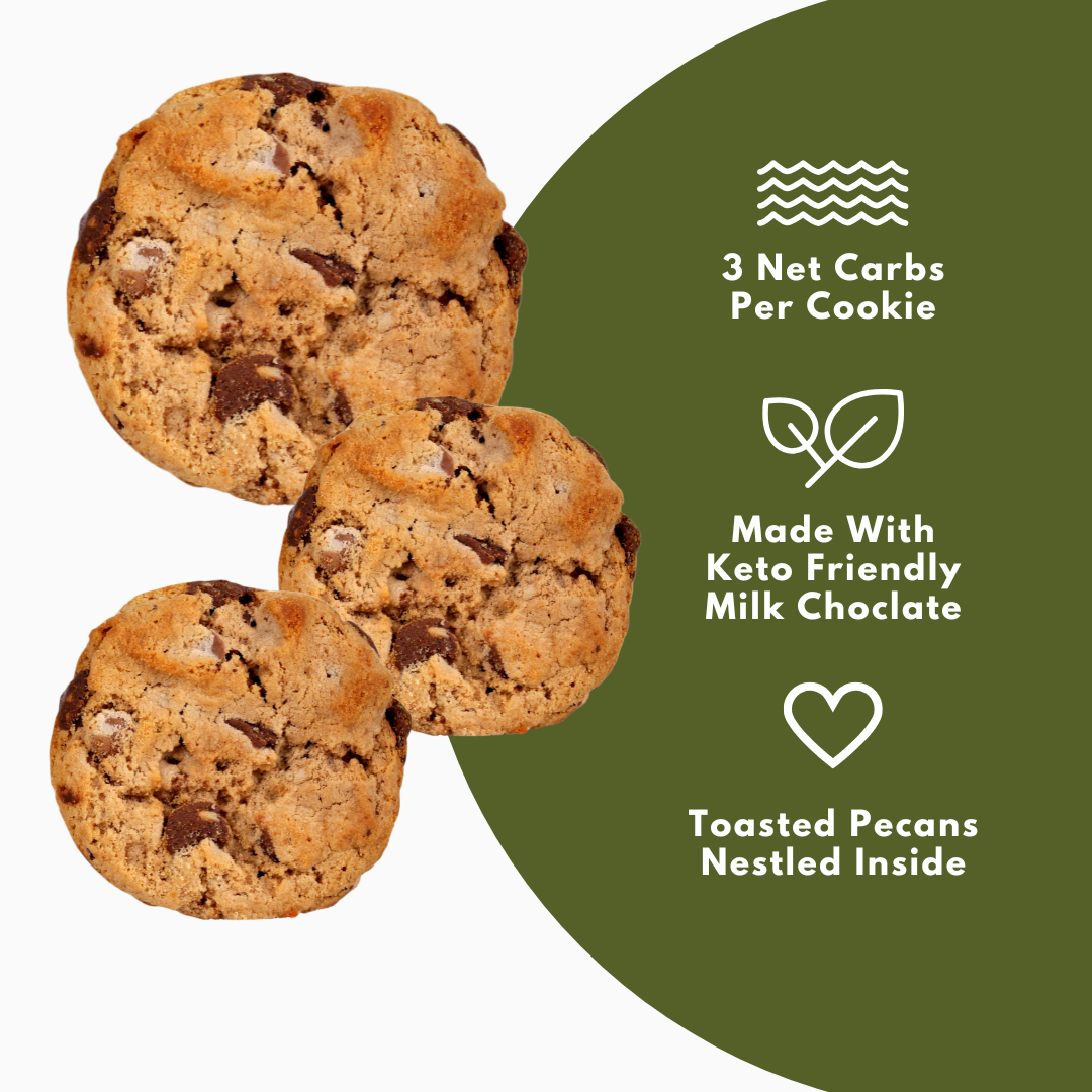 Three cookies with chocolate chips on a white background with green text overlay.
