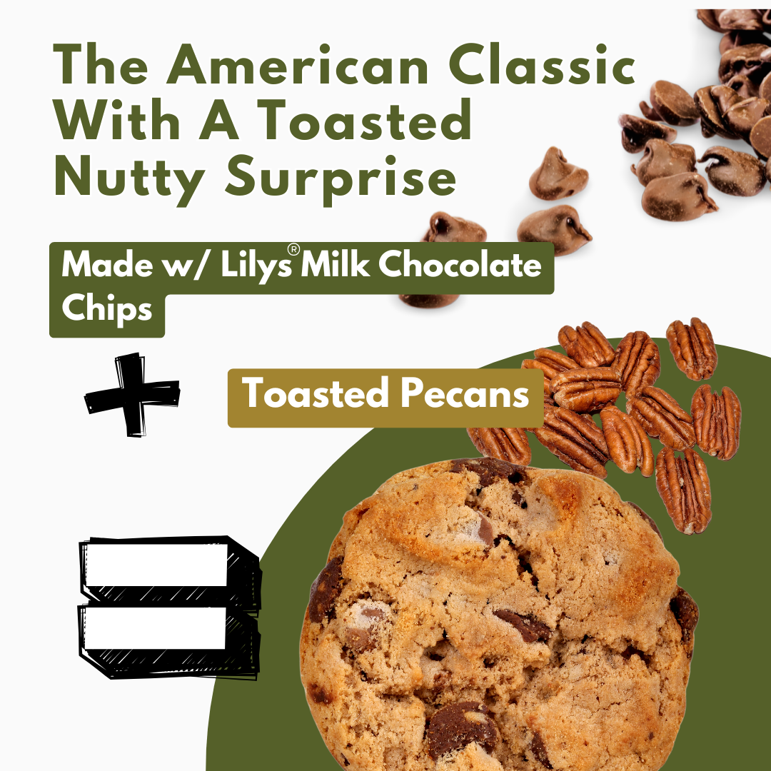 Chocolate chip cookie with toasted pecans and text about Lilys Milk Chocolate Chips