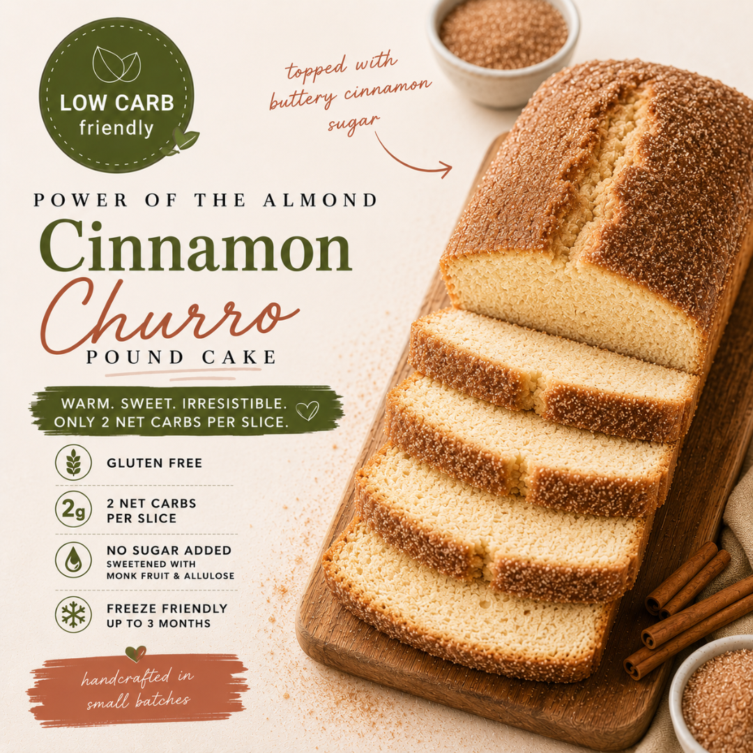 A sliced loaf of cinnamon churro pound cake on a wooden board with ingredient bowls and text callouts on a light beige background. The image includes marketing text such as 'Low carb friendly,' 'Power of the almond,' and nutritional claims.